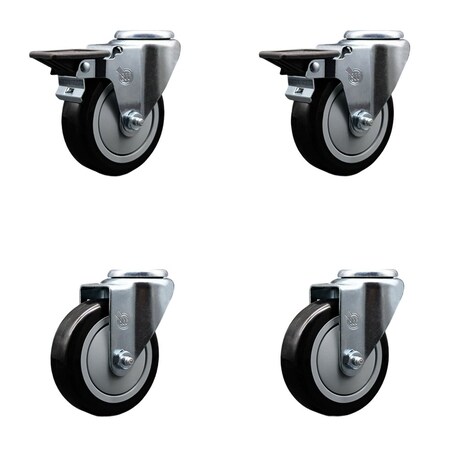 Service Caster 4'' Black Poly Wheel Swivel Bolt Hole Caster Set with 2 Posi Lock Brakes, 4PK SCC-BH20S414-PPUB-BLK-PLB-2-S-2
